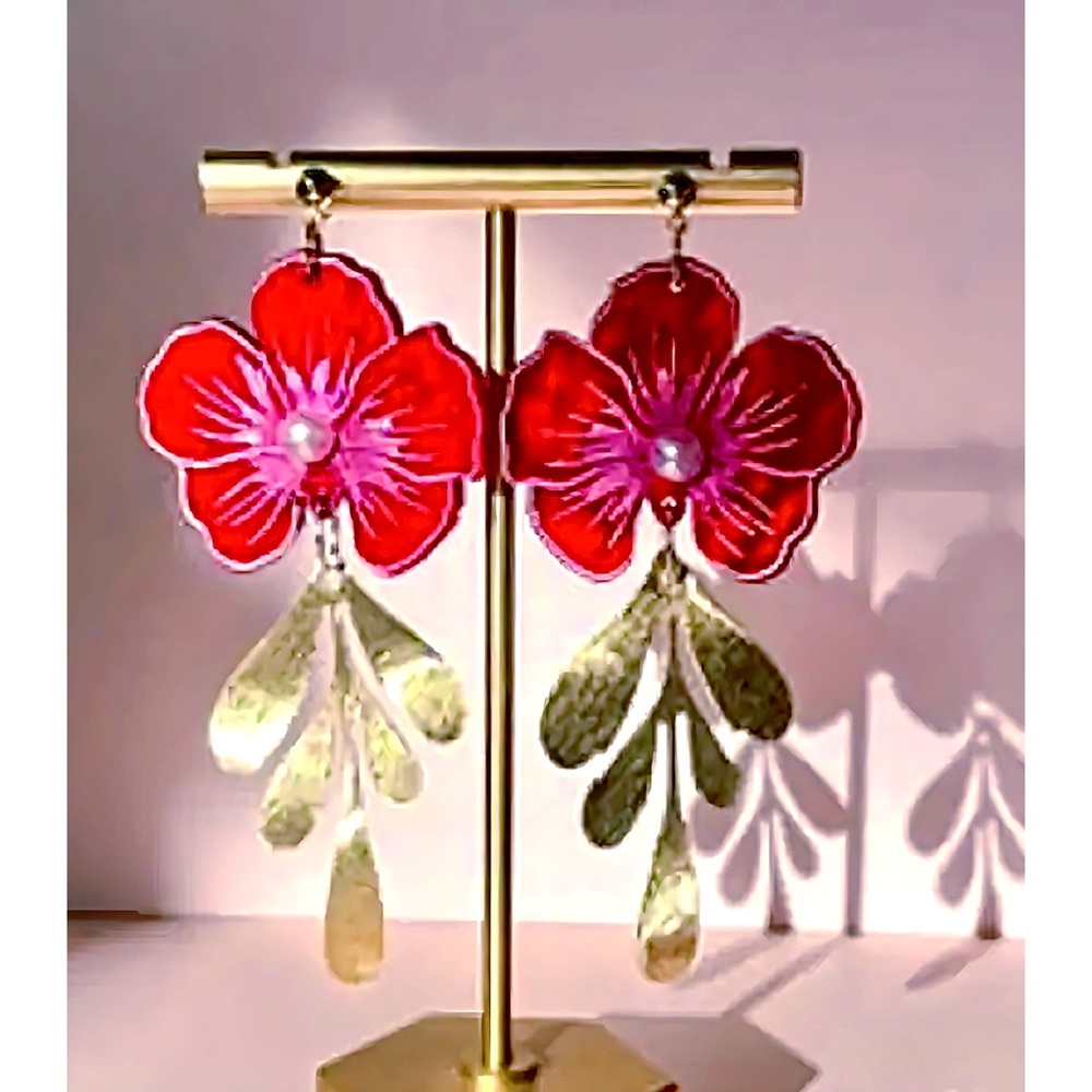 NEW! Red/Pink Camilla Earrings with Faux Pearl and Gold Tone Finish 2.95 inches - Picture 2 of 8